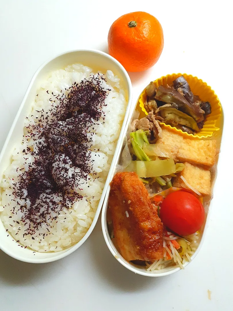 ☆中学生弁当☆ゆかりごはん、無限茄子、厚揚げキャベツの煮浸し、ミニトマト、笹身カツ、ビーフンサラダ、みかん。|ｼｮｺﾗさん