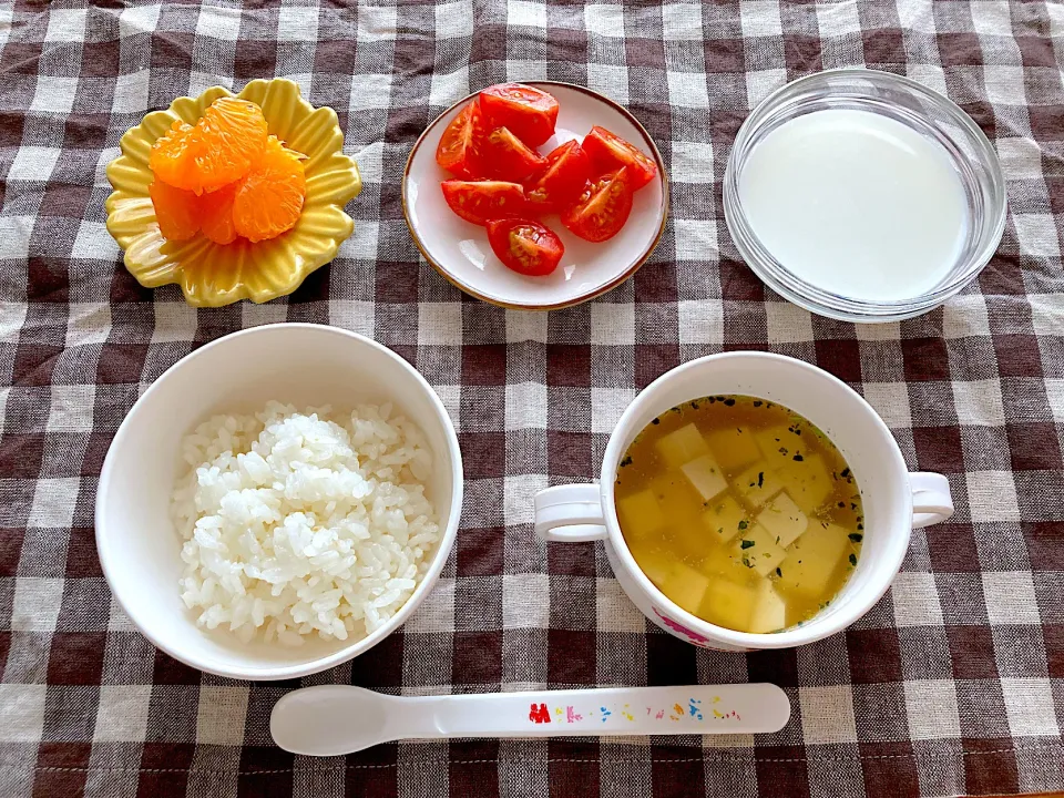 Snapdishの料理写真:【離乳食】豆腐のお味噌汁、ごはん、ミニトマト、みかん、牛乳|sayaさん