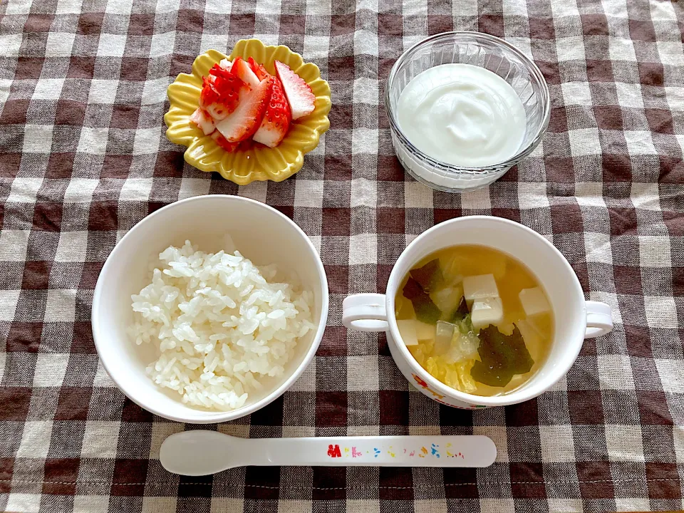 【離乳食】豆腐とわかめのお味噌汁、ごはん、いちご、ヨーグルト|sayaさん