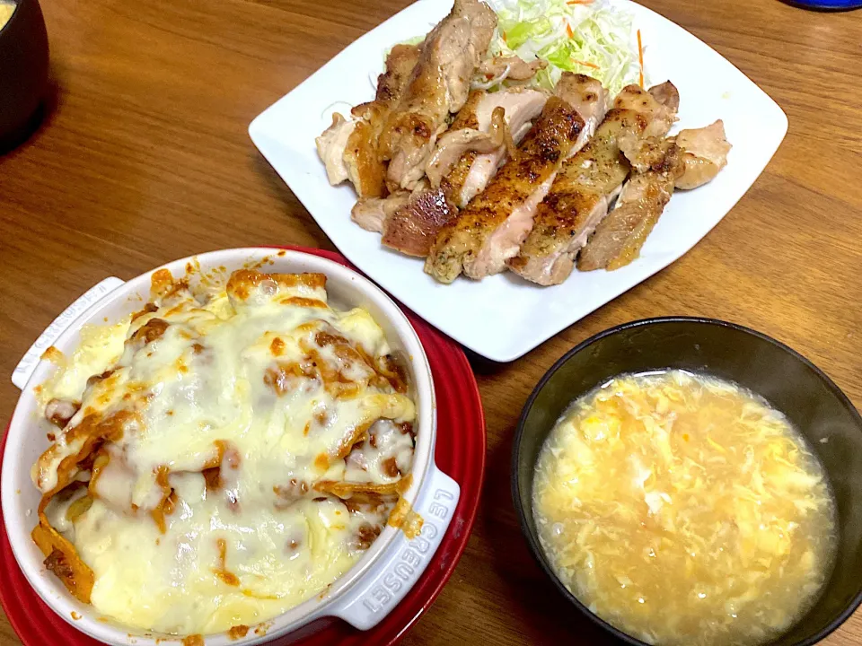 チキンステーキ、ラザニア、かに玉スープ|aico☆さん