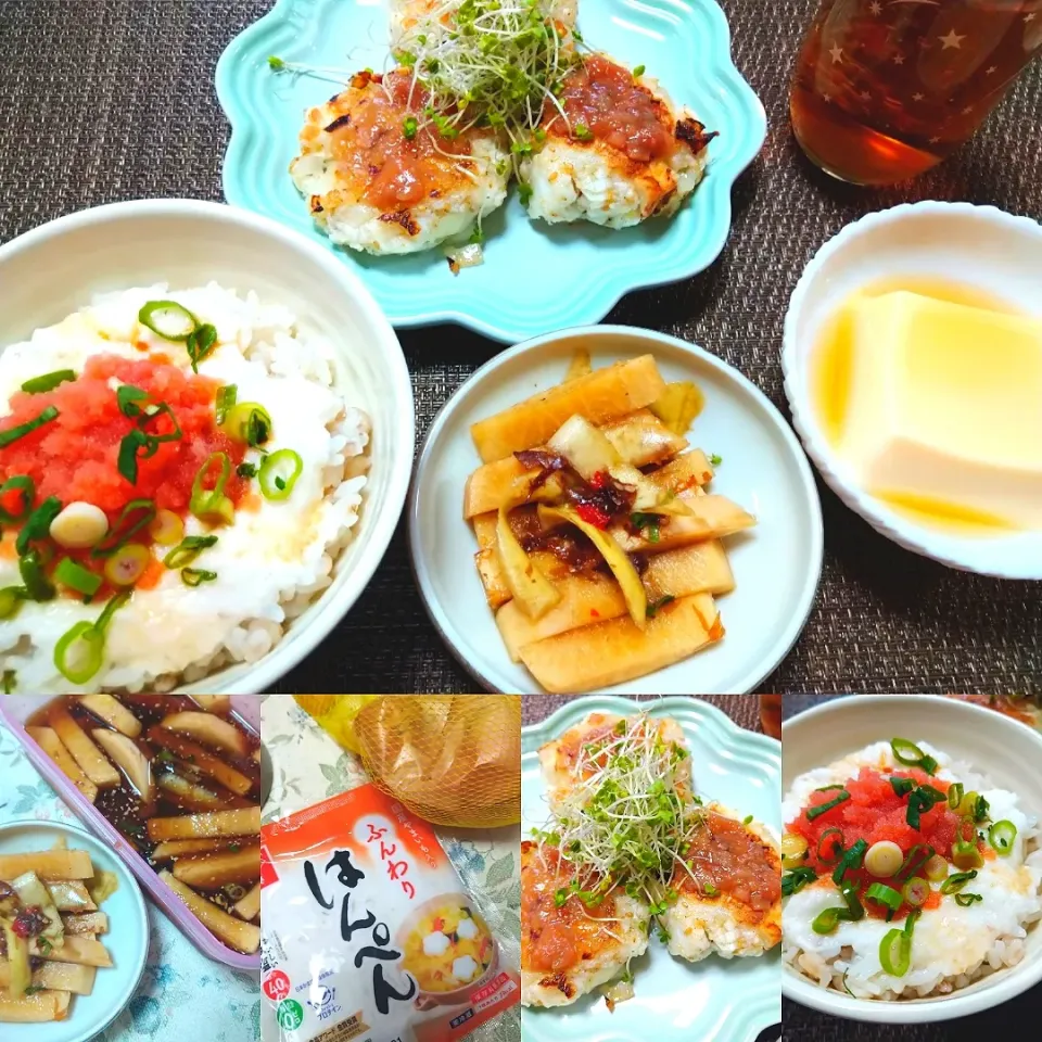 Snapdishの料理写真:はんぺんバーグ、明太とろろ丼、無限大根漬け、玉子豆腐、お茶|うたかた。さん