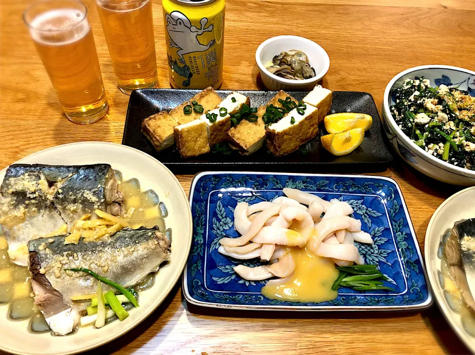 鯖の味噌煮　つぶ貝刺身　ほうれん草の白和　厚揚げ焼き|じゅんさんさん