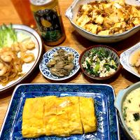 だし巻き卵　麻婆豆腐　海老のハーブソテー　簡単茶碗蒸し　牡蠣のオイル漬け