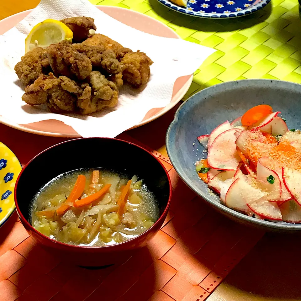 鳥唐揚げ、紅大根の甘酢、豚汁|ゼニコさん