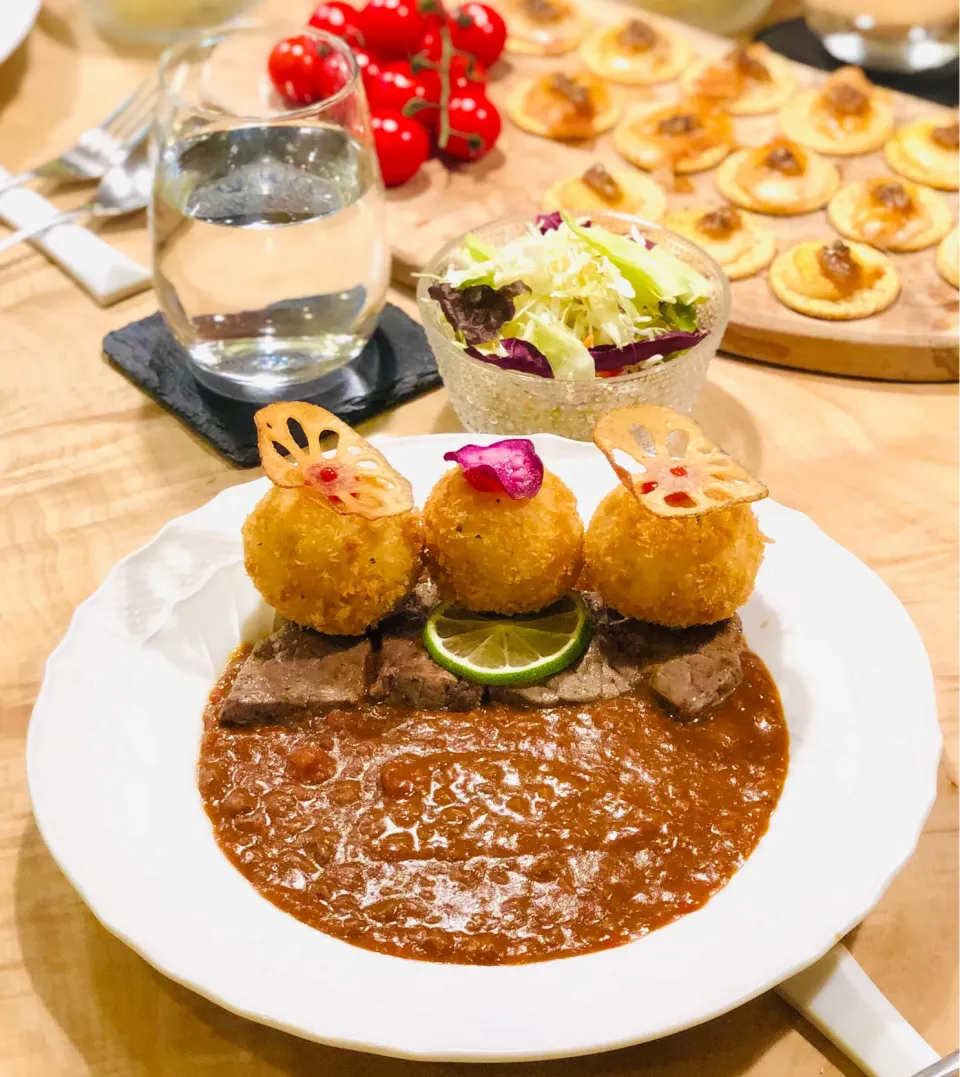 Snapdishの料理写真:ライスコロッケ&カレー|1480_kojiさん