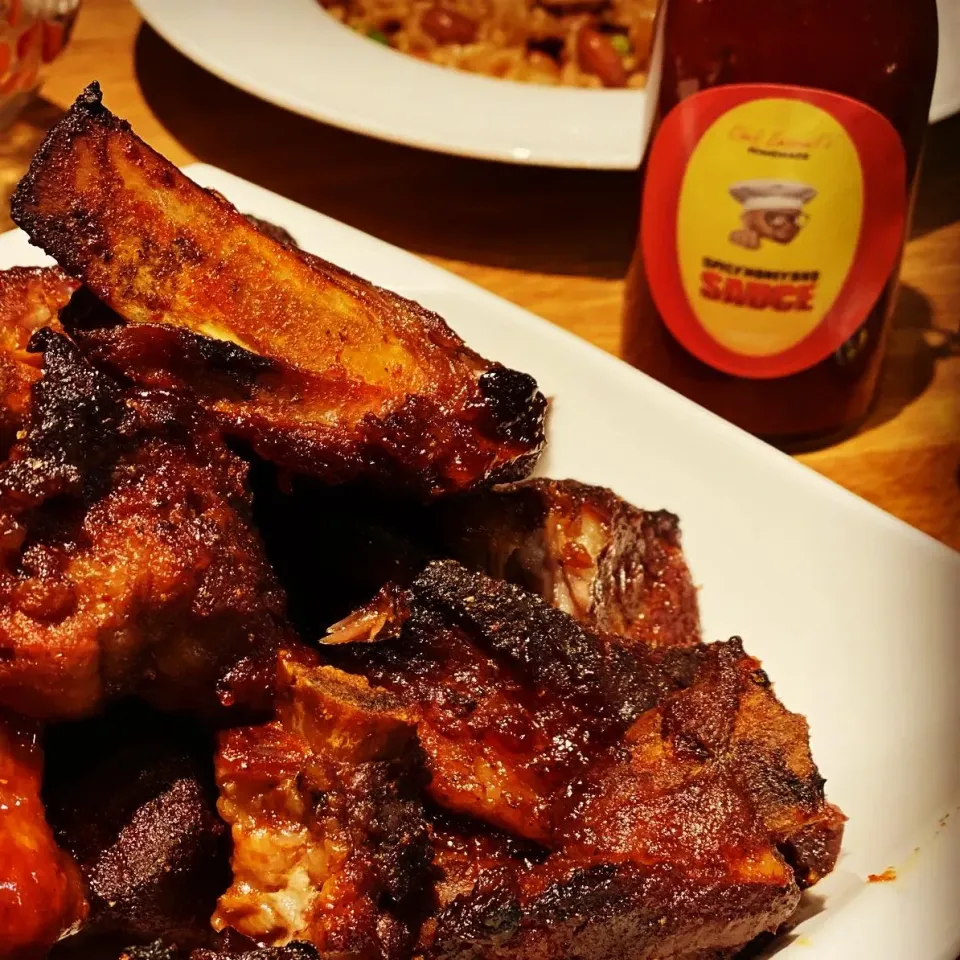 BBQ Dinner 
BBQ Pork Ribs 
BBQ Seasoned Rice with Borlotti Beans 
Prawn Crackers 
#bbqribs #rice #bbq #emanuelsbbqsauce #homemade #homecooking|Emanuel Hayashiさん