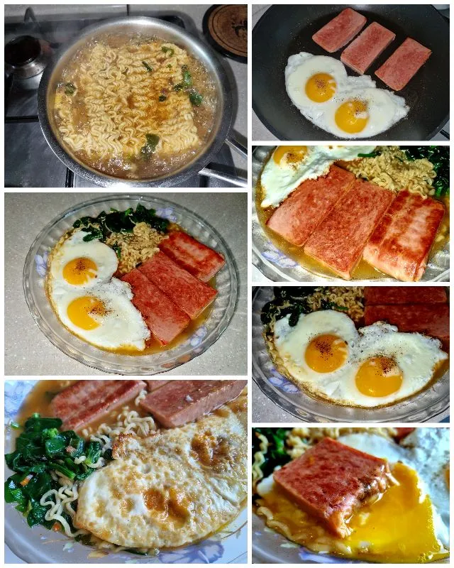 instant noodle with spam, fried eggs and spinach|steven z.y.さん