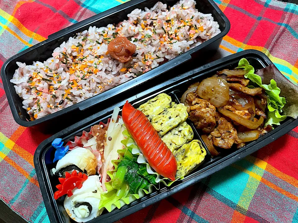 お弁当★ポークケチャップ、ゆかり卵、ちくわののりチーズ巻き、チンゲン菜のからし和え、じゃがいもの梅ナムル|ハルさん