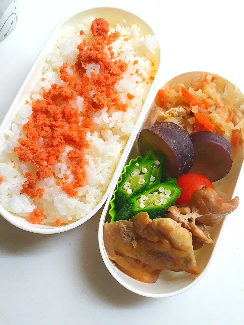 ☆中学生弁当☆鮭ごはん、切干大根、薩摩芋レモン煮、オクラ、ミニトマト、鶏照焼|ｼｮｺﾗさん