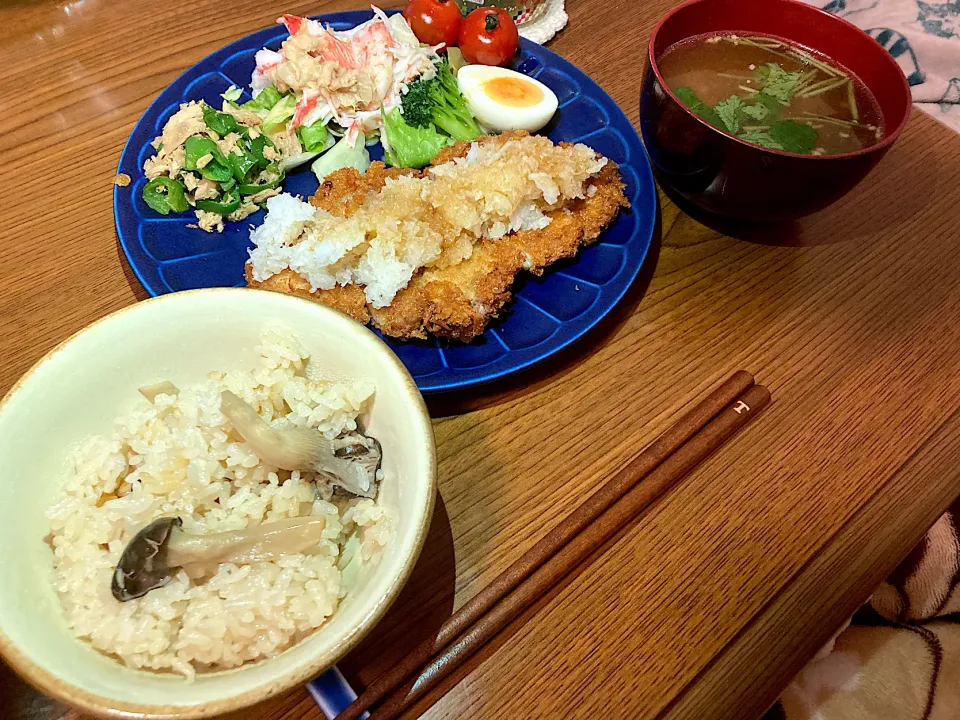 とんかつおろしポン酢、平茸ご飯|satakeさん