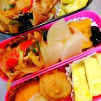 Snapdishの料理写真:都夢亭のとむおやじの手作り弁当
卵焼きに大葉と韓国海苔を挟んで
焼いてます。あとはからあげと
コーンクリームコロッケの冷凍食品！|都夢さん