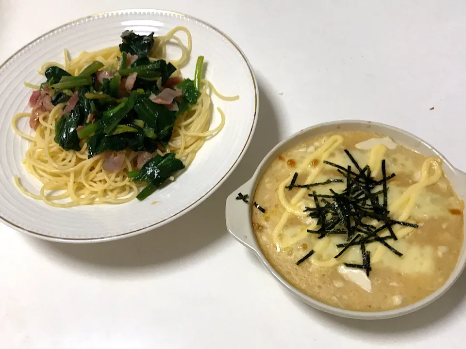 ほうれん草とベーコンのパスタ　長芋グラタン|うね子さん