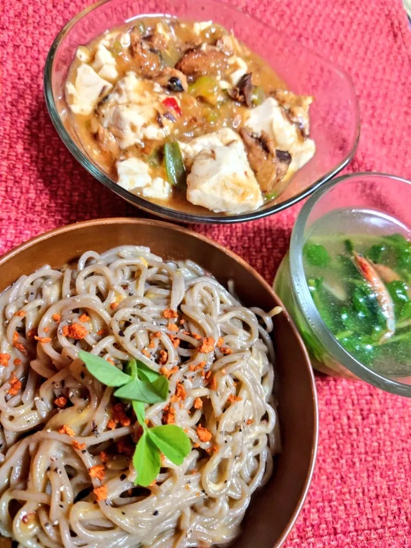 カルボナーラ蕎麦
麻婆鯖味噌豆腐
桜海老スープ|マギーさん