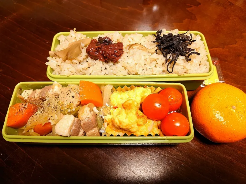 舞茸の炊き込みご飯と塩豚のポトフ弁当|りょーさん