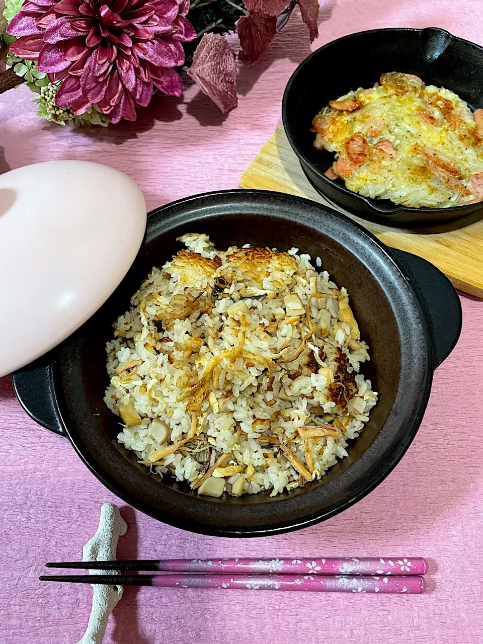 サミカさんの料理 作ってみて🥰材料３つ、手間要らずの美味しい釜飯ひらめいたよ💡&大根ガレット　　　　　　　　　　　　　　　　　　　　　　サミカさん❤️お誕生日おめでとうございます🎂🎉|いっちゃんさん