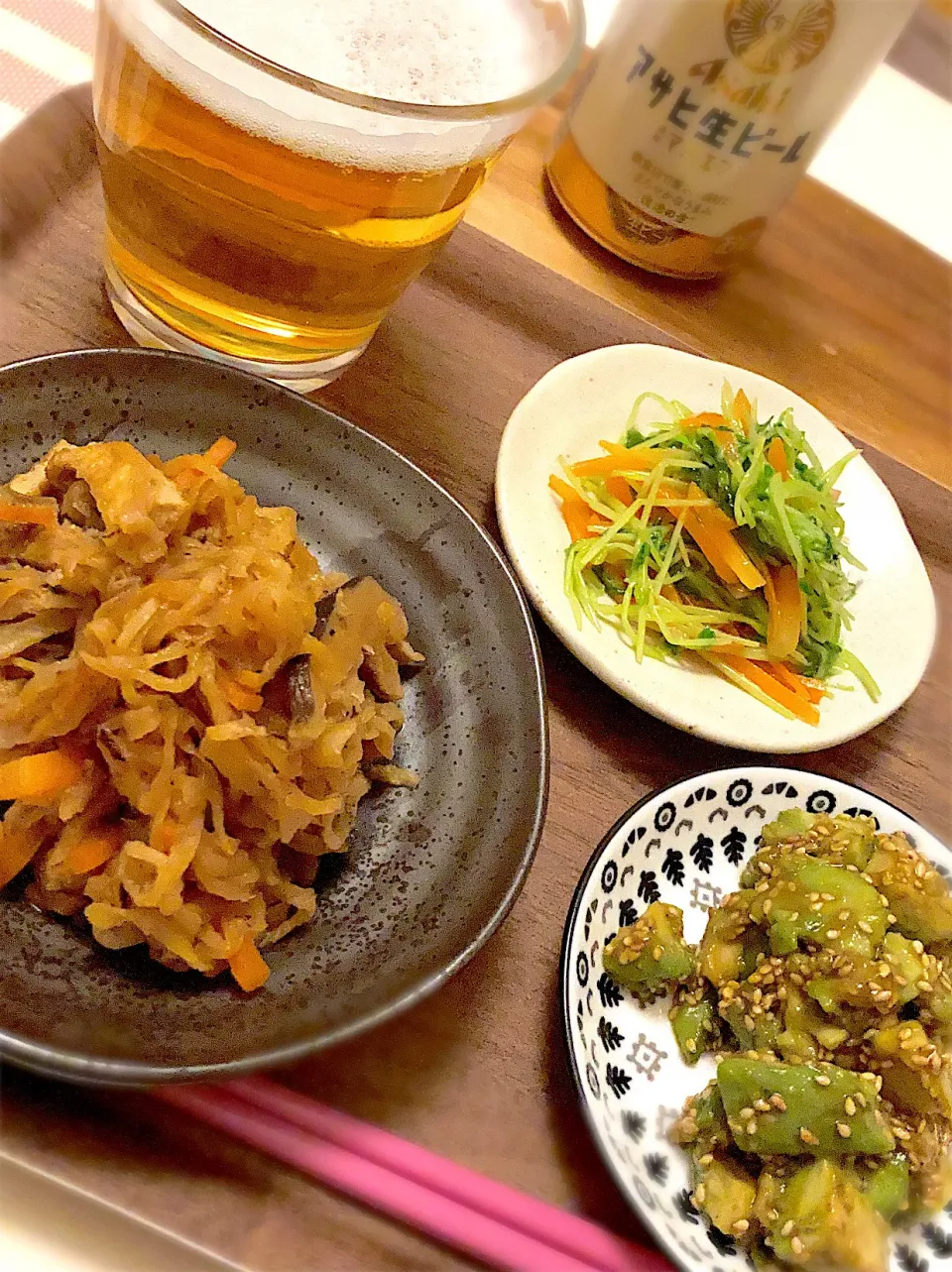 Snapdishの料理写真:甘こうじで切り干し大根の煮物♡アボカドの和え物🥑作り置きの豆苗‪🌱‬|gunlove❤さん