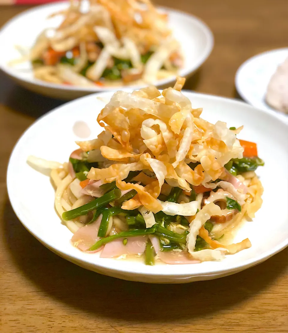 パリパリ乗っけ餡かけうどん|くるみさん