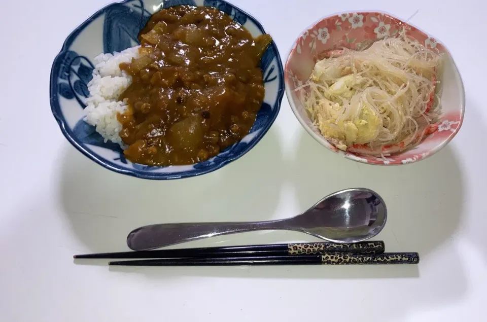 晩御飯。作り置き品リメイクで。🌟大豆ミートでかぼちゃのそぼろ煮リメイクカレー🌟春雨の中華サラダ。|Saharaさん