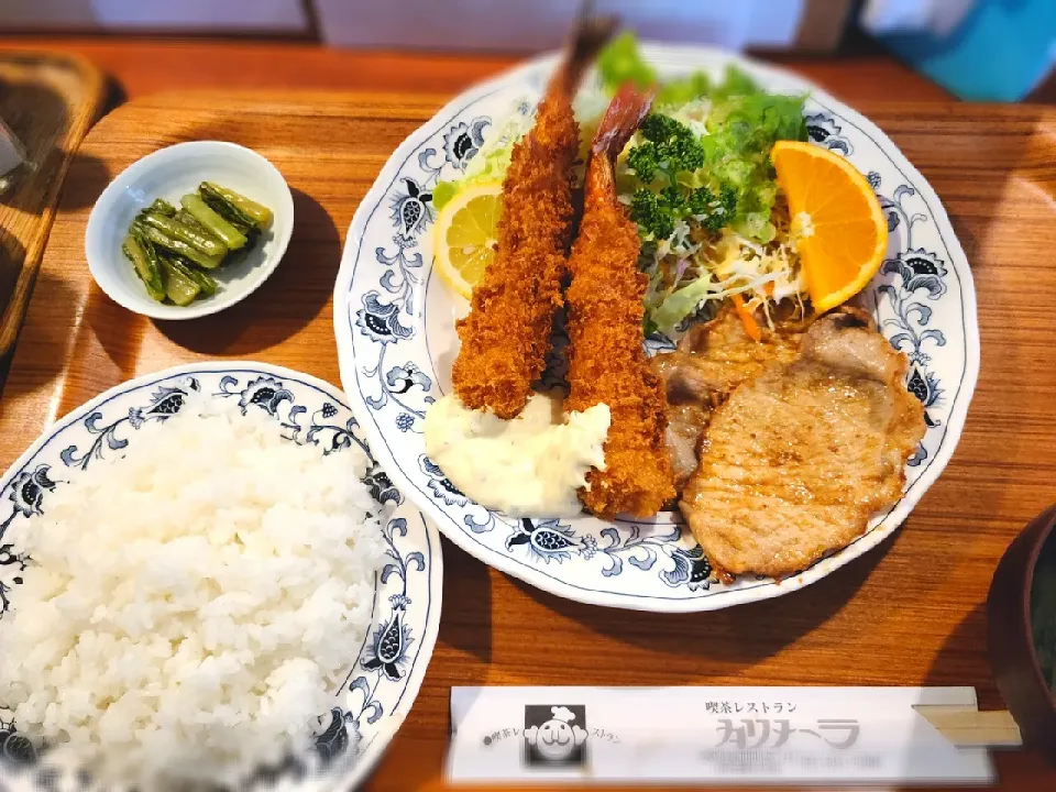 ポークジンジャーと海老フライ定食|まぁやん。さん