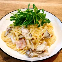 舞茸とベーコンのたらこクリームパスタ〜豆苗添え〜|あやさん