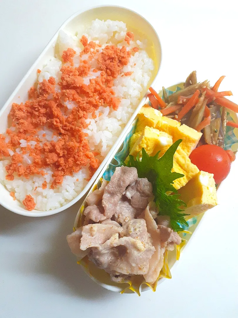 ☆中学生弁当☆鮭ごはん、金平牛蒡、卵焼き、ミニトマト、豚しゃぶゴマだれ|ｼｮｺﾗさん