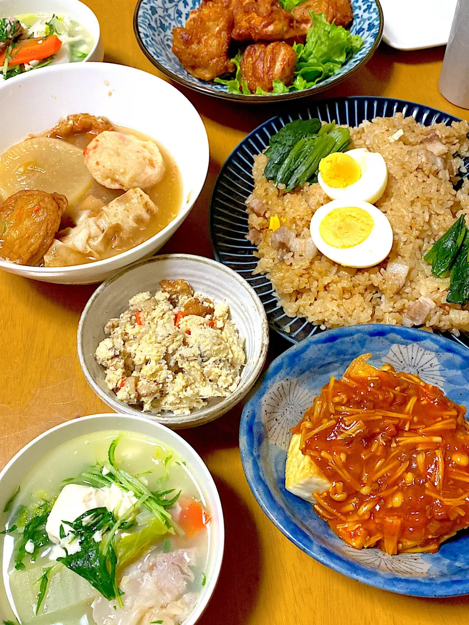 夕飯　　おでん、厚揚げミートソース　唐揚げ　唐揚げ　豚肉スープ|くみさん