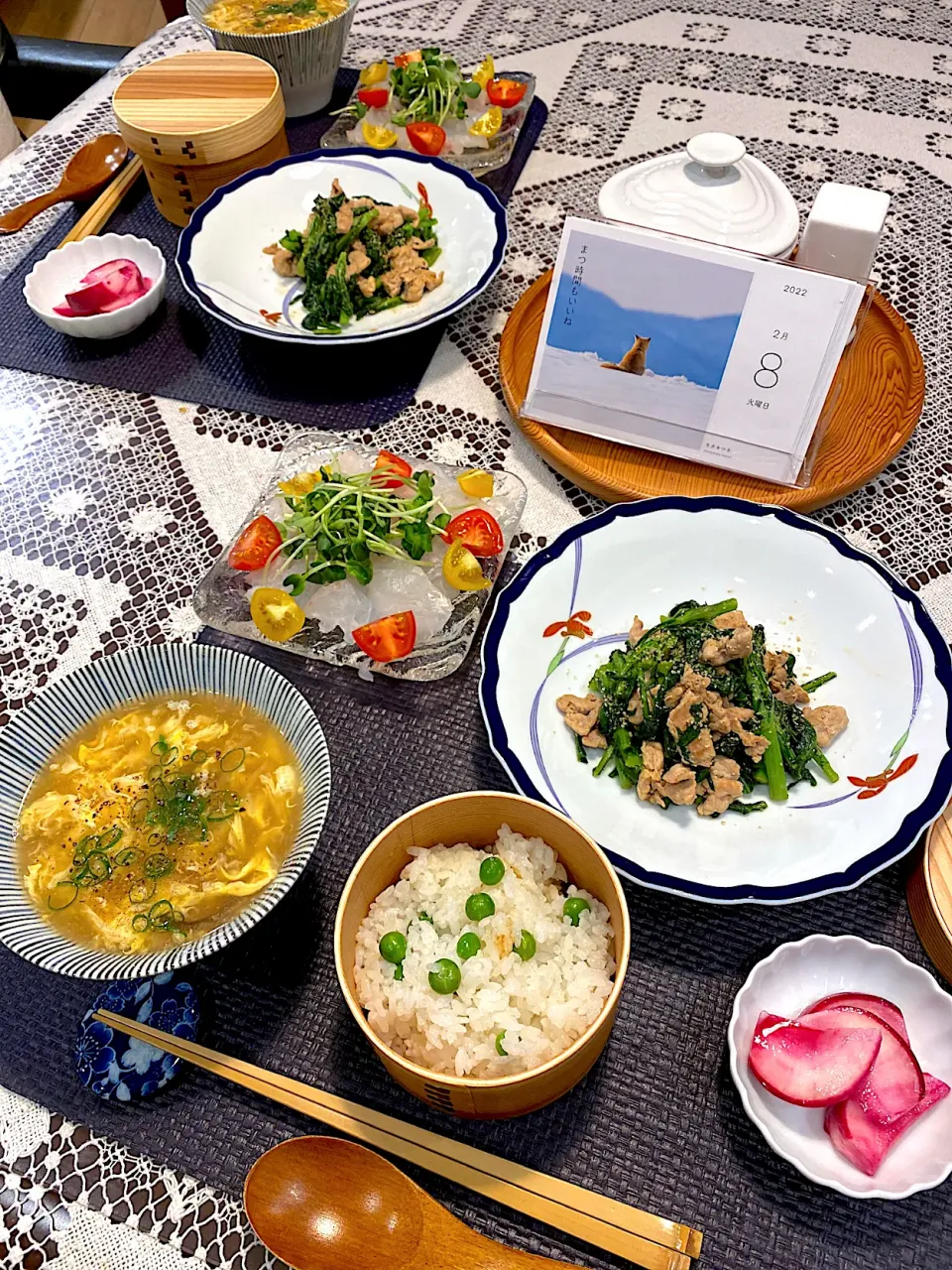 グリンピースご飯、豚肉春菊醤油麹炒め、真鯛カルパッチョ|papinさん