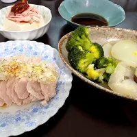 鶏胸肉のネギ塩ダレ、蒸し野菜、冷奴|ことこさん