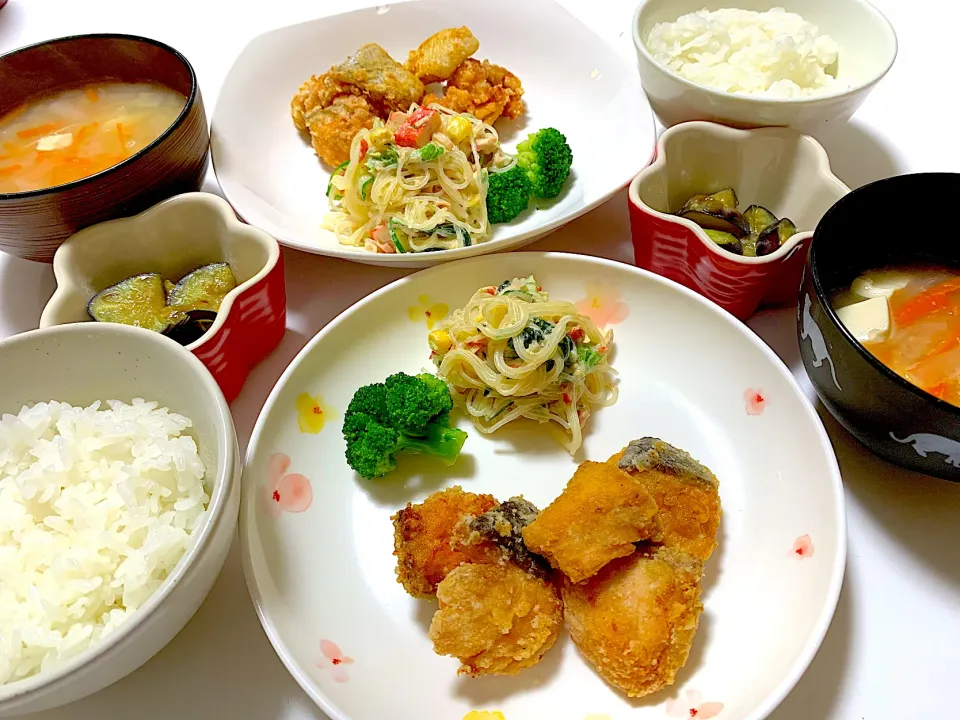 鮭の竜田揚げ　春雨マヨサラダ　ナスの油味噌|ゆりえさん