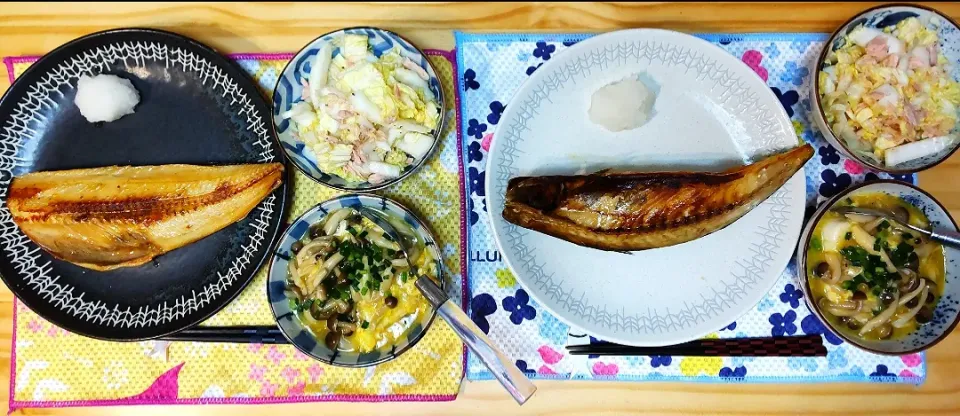 ホッケとサバの干物
白菜ツナサラダ
きのこ玉子餡かけとうふ|ひろゴーヤさん