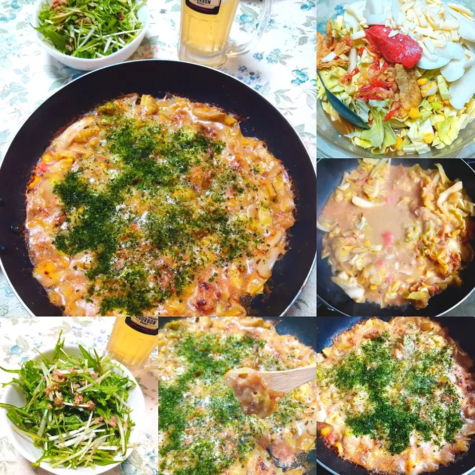 明太子がなくて☆たらこもちチーズもんじゃ、無限水菜サラダ、ハイボール|うたかた。さん