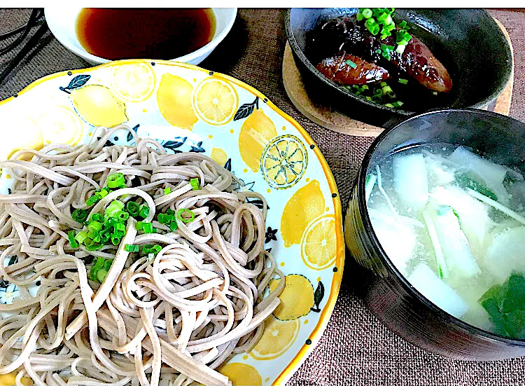 お蕎麦　　茄子の煮浸し　コンソメ野菜スープ|akihuyuさん