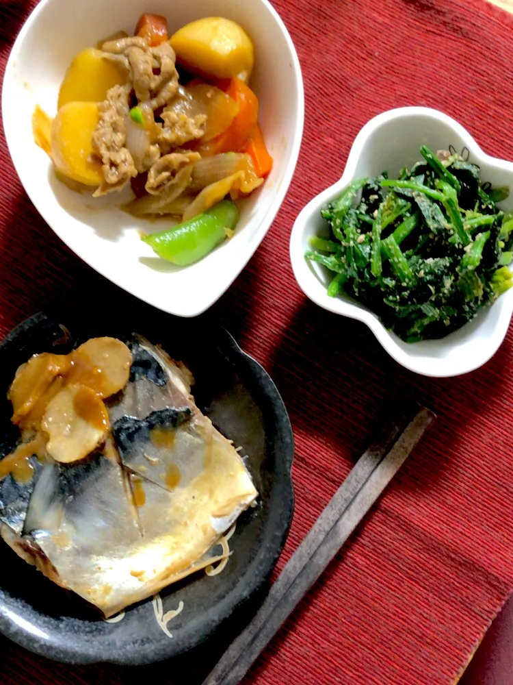 サバ味噌煮・肉じゃが・ほうれん草ごまあえ|mayuyuさん