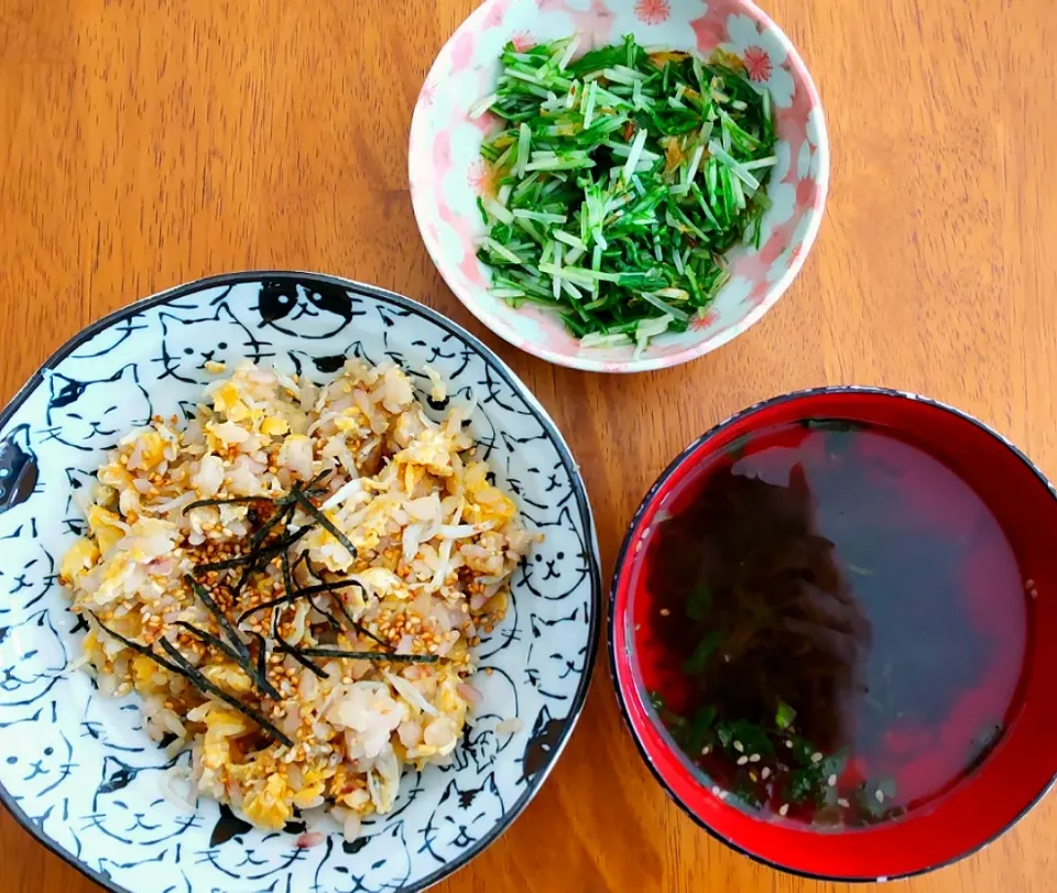 2022 0209　しらす炒飯　水菜のナムル　わかめスープ|いもこ。さん