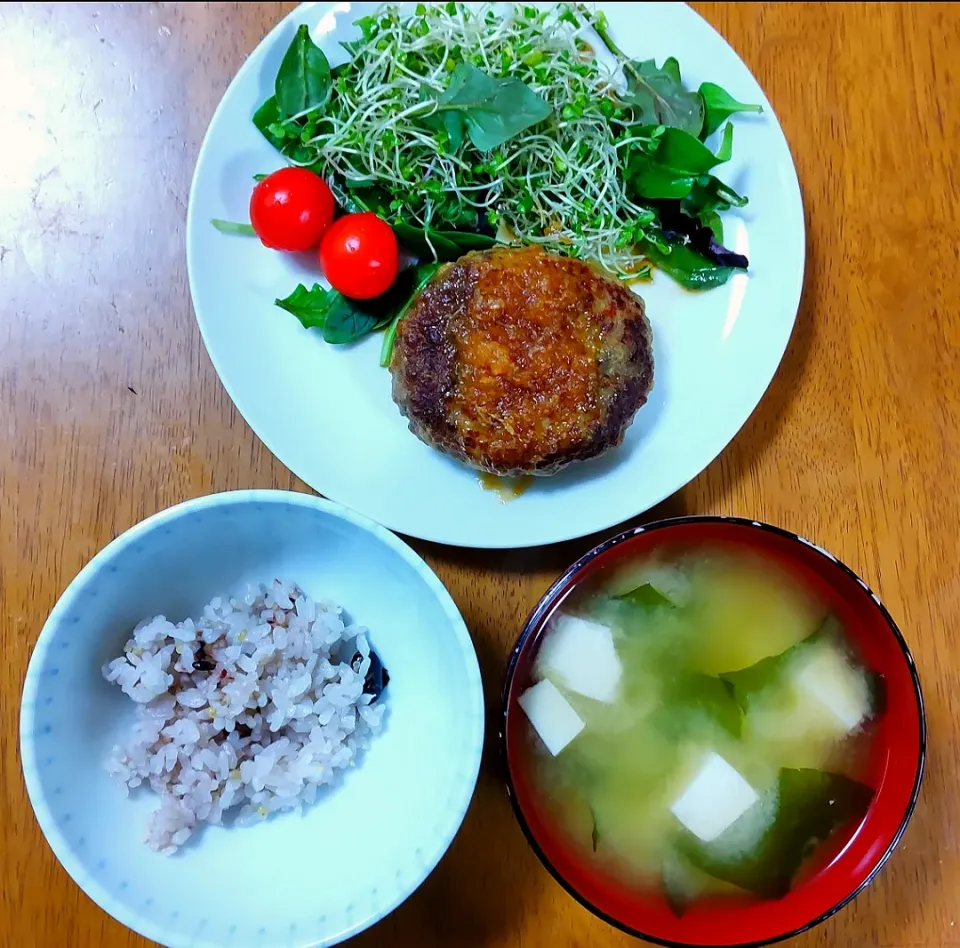 2022 0209　ハンバーグ　サラダ　豆腐とわかめのお味噌汁|いもこ。さん