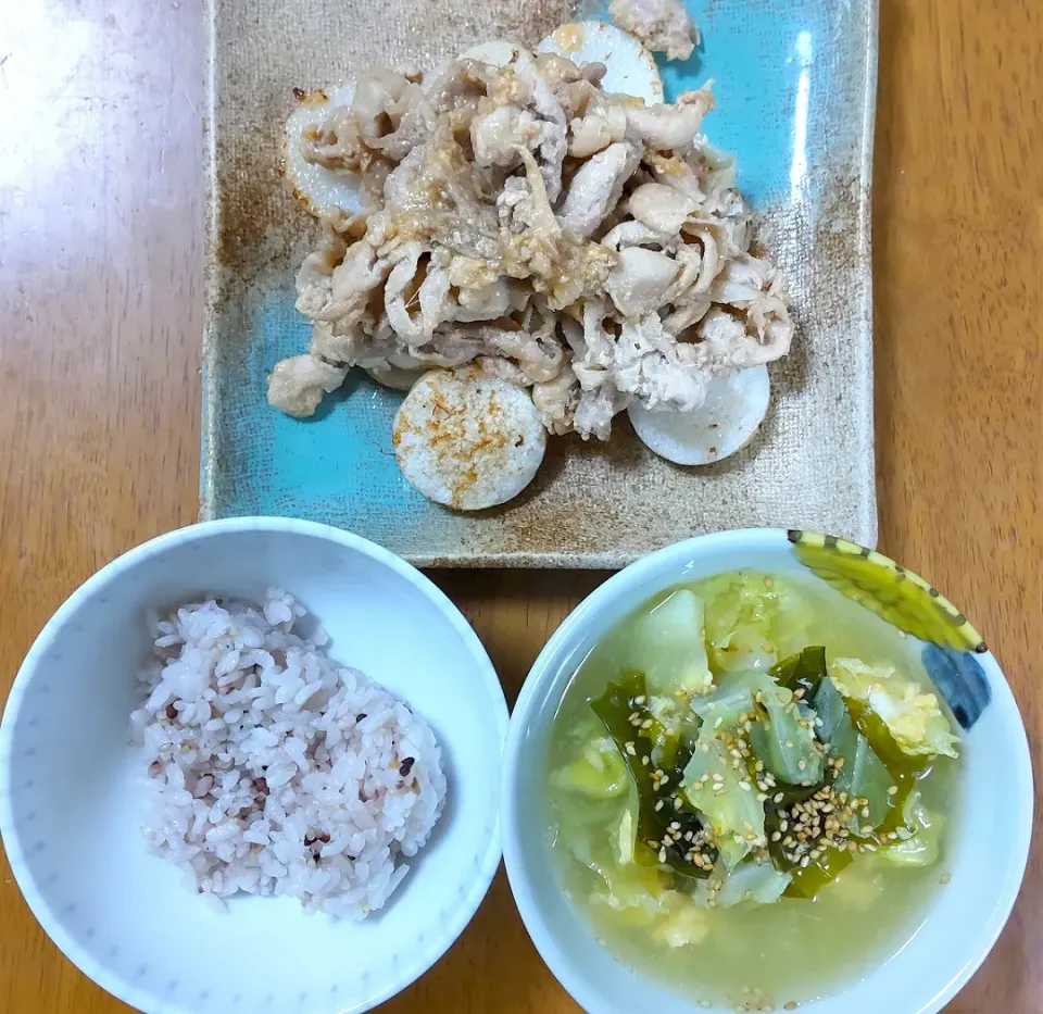 2022 0210　豚肉と長芋の甘味噌焼き　キャベツとわかめの卵スープ|いもこ。さん