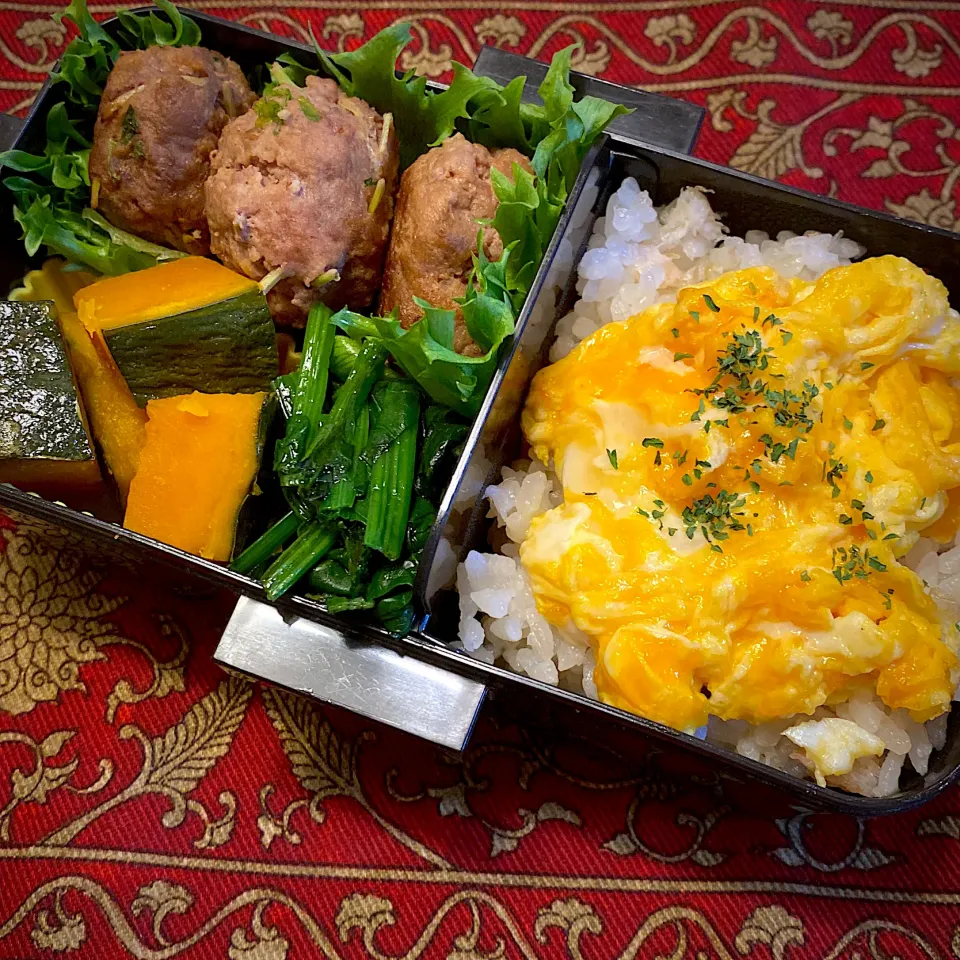 豆苗ハンバーグと、南瓜の煮物と、ほうれん草のソテーと、玉子のせご飯弁当|もえさん