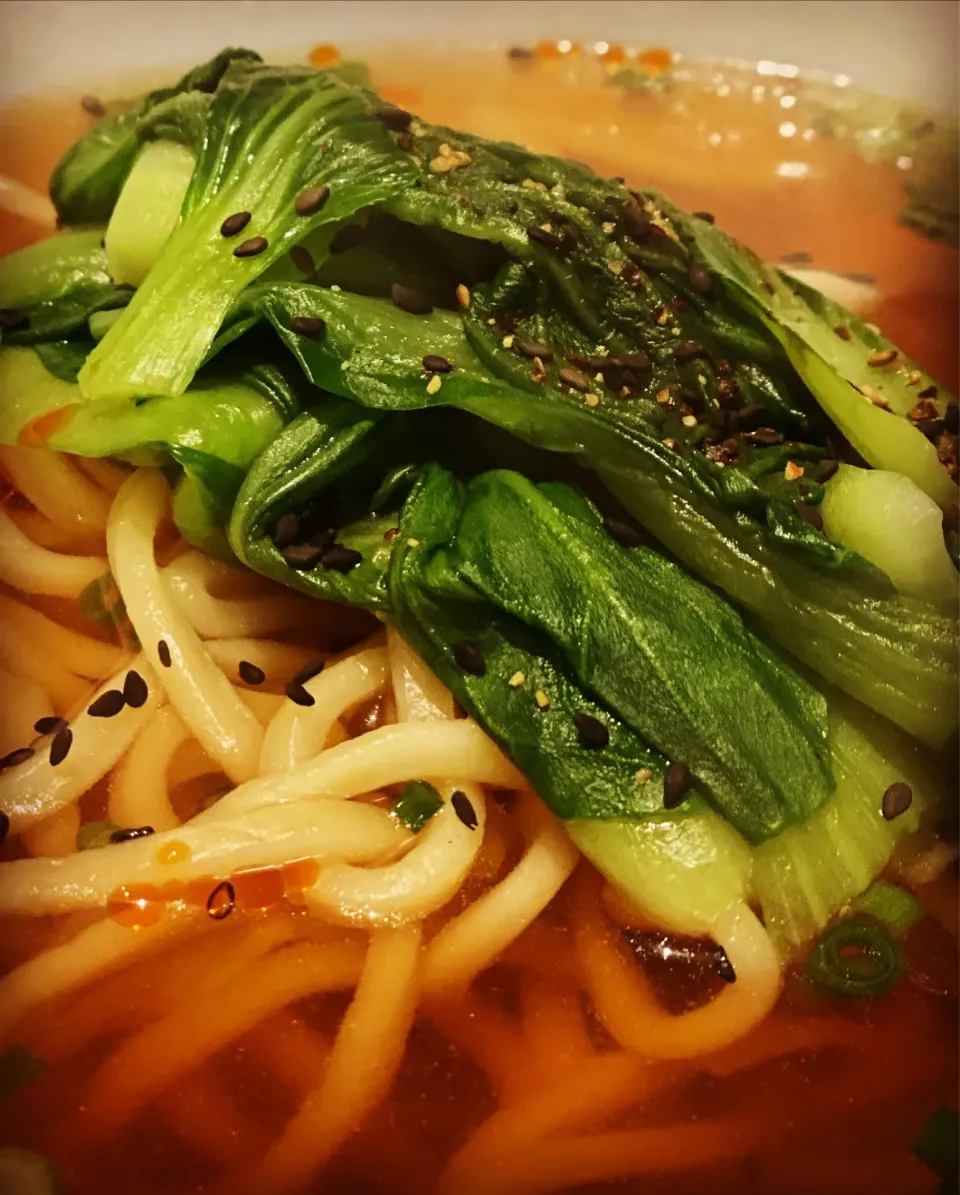 Dinner 🍲 
Freshly Made Chicken Consommé Stock Soup Ramen Noodles with Chingensai Vegetables sprinkled with chives & Black Toasted Sesame Seeds 
#ramen #noodles|Emanuel Hayashiさん