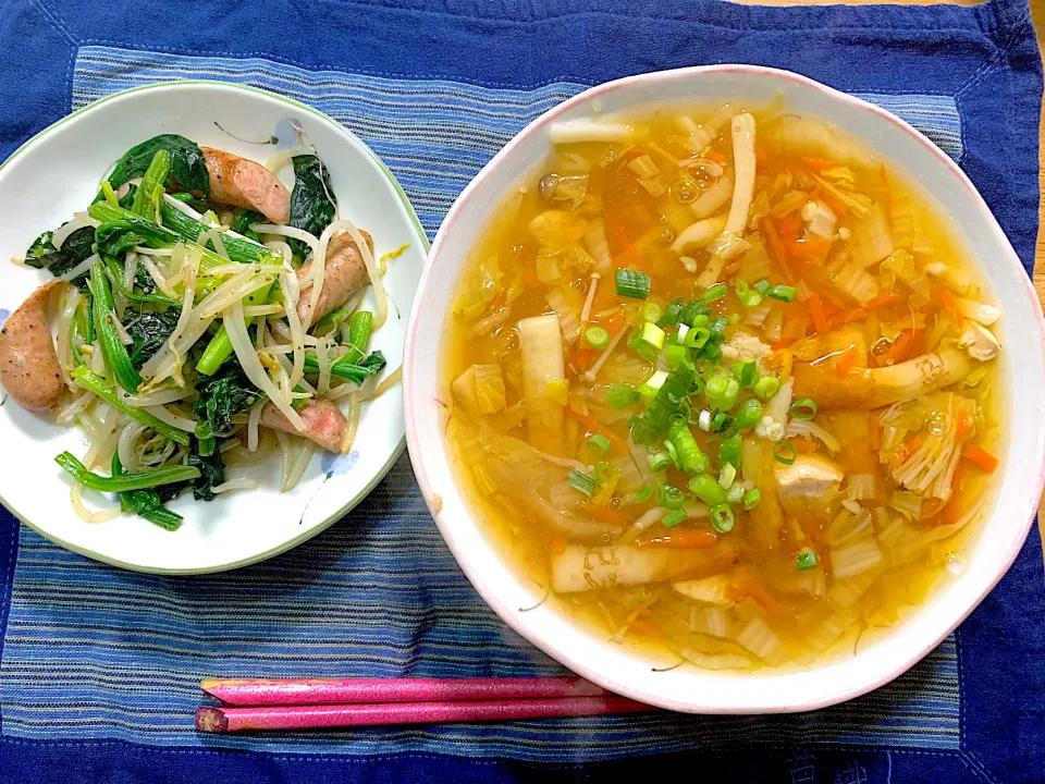 野菜あんかけうどん、ほうれん草ともやし炒め🌟|kaokaoさん