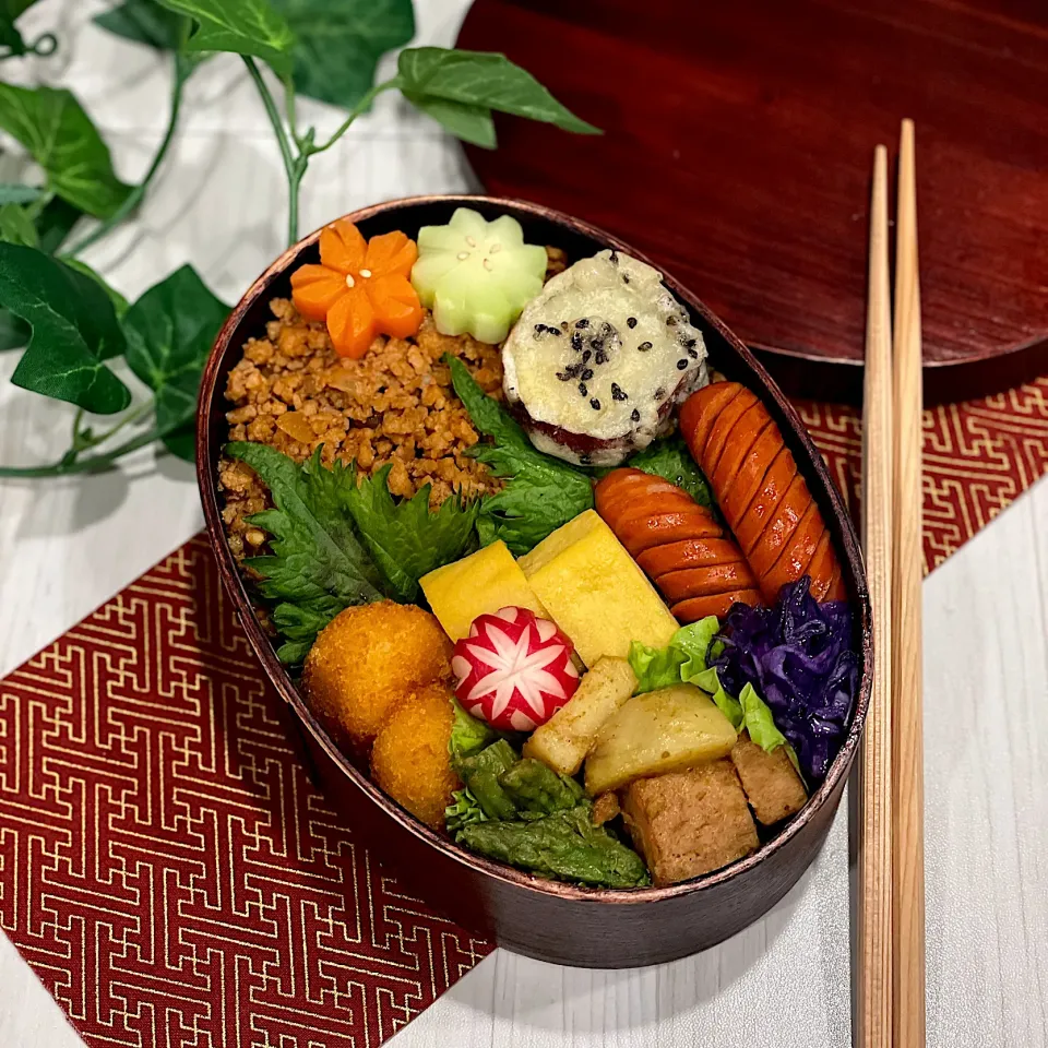 Snapdishの料理写真:そぼろハンバーグ弁当|みずっち3さん