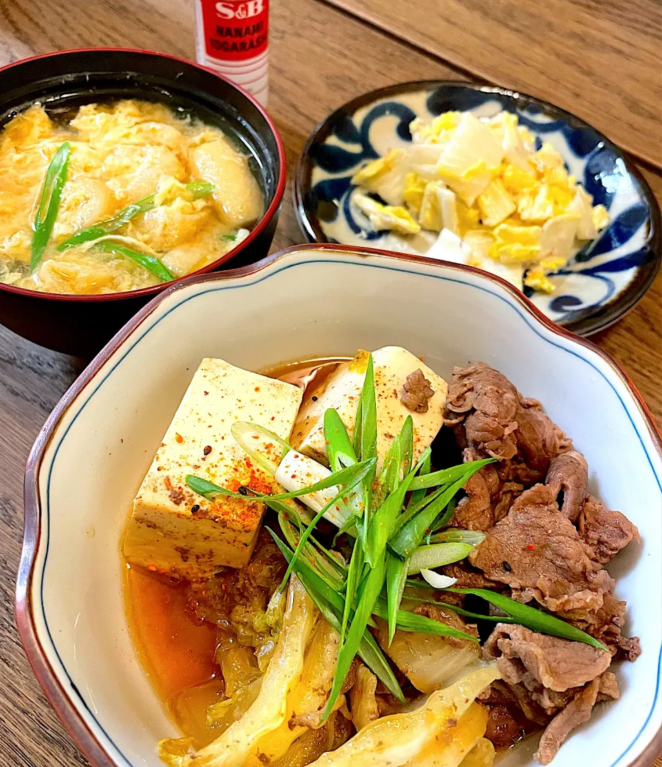 肉どうふ、白菜サラダ、卵味噌汁|Masamiさん