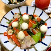 Snapdishの料理写真:豚肉、青梗菜炒めあんかけとベビー帆立の海苔和え|つわぶきさん