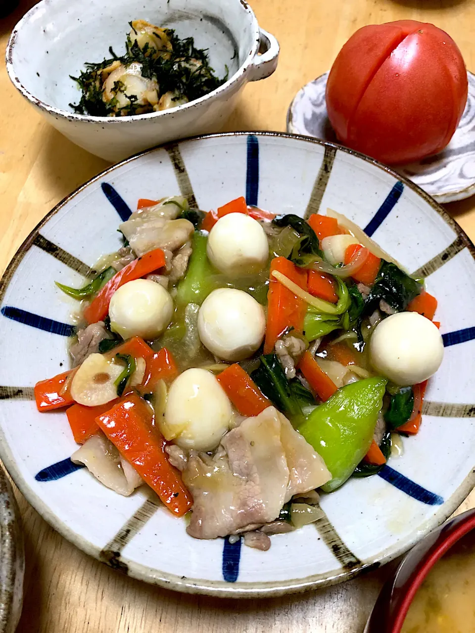 豚肉、青梗菜炒めあんかけとベビー帆立の海苔和え|つわぶきさん