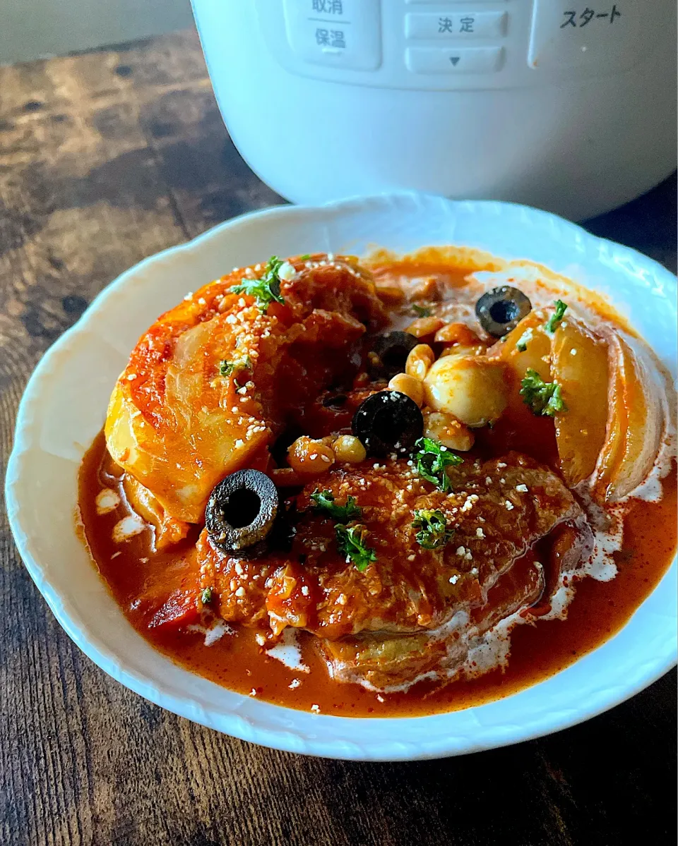 鶏肉とキャベツの甘酒トマト煮|とんちんさん