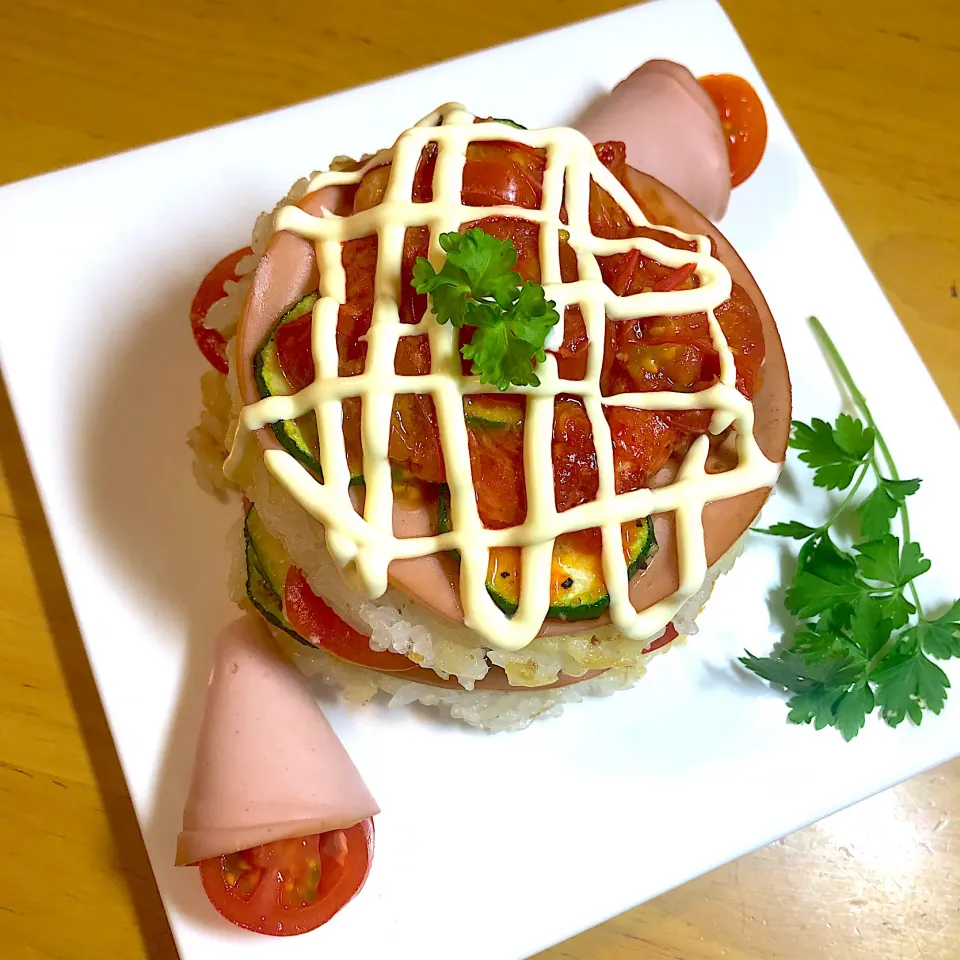 Snapdishの料理写真:ゼロミートハムでライスバーガーケーキ|さらっと🍀さん