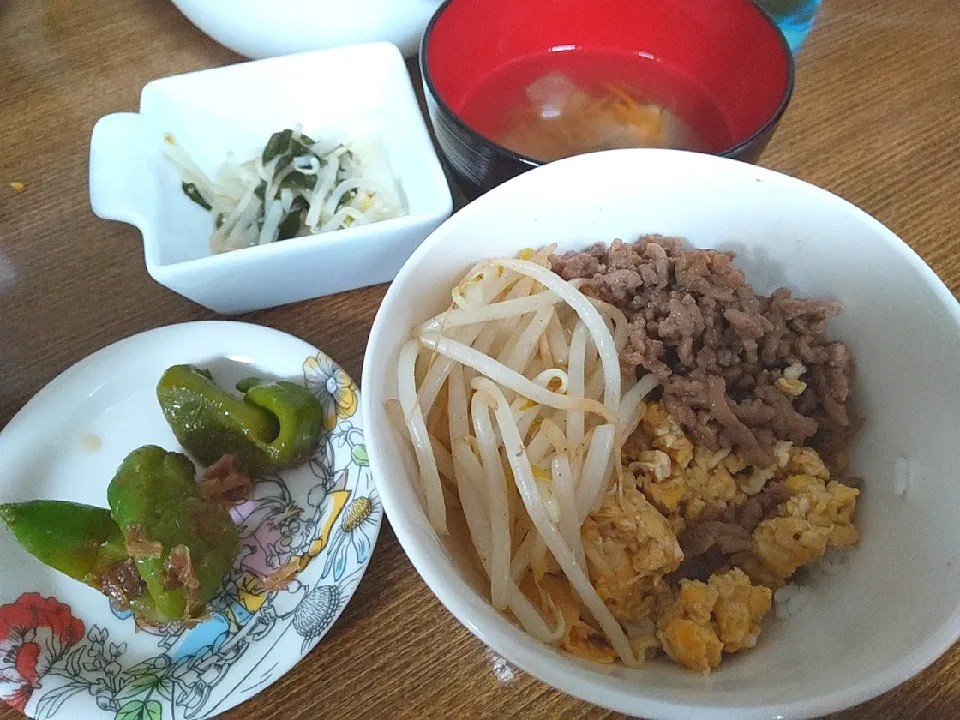 Snapdishの料理写真:三色丼
甘とうのおかか炒め
もやしとわかめの塩麹和え
スープ|尚さん