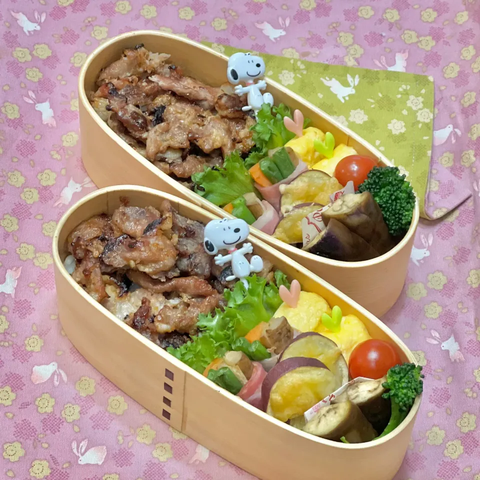 豚こま生姜甘味噌焼き☘の双子ちゃんお弁当💙❤️ 2/24木|sweet homeさん