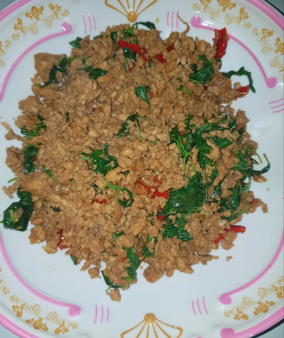 stir minced chicken with holy basil leaves|patcookingfeverパットさん