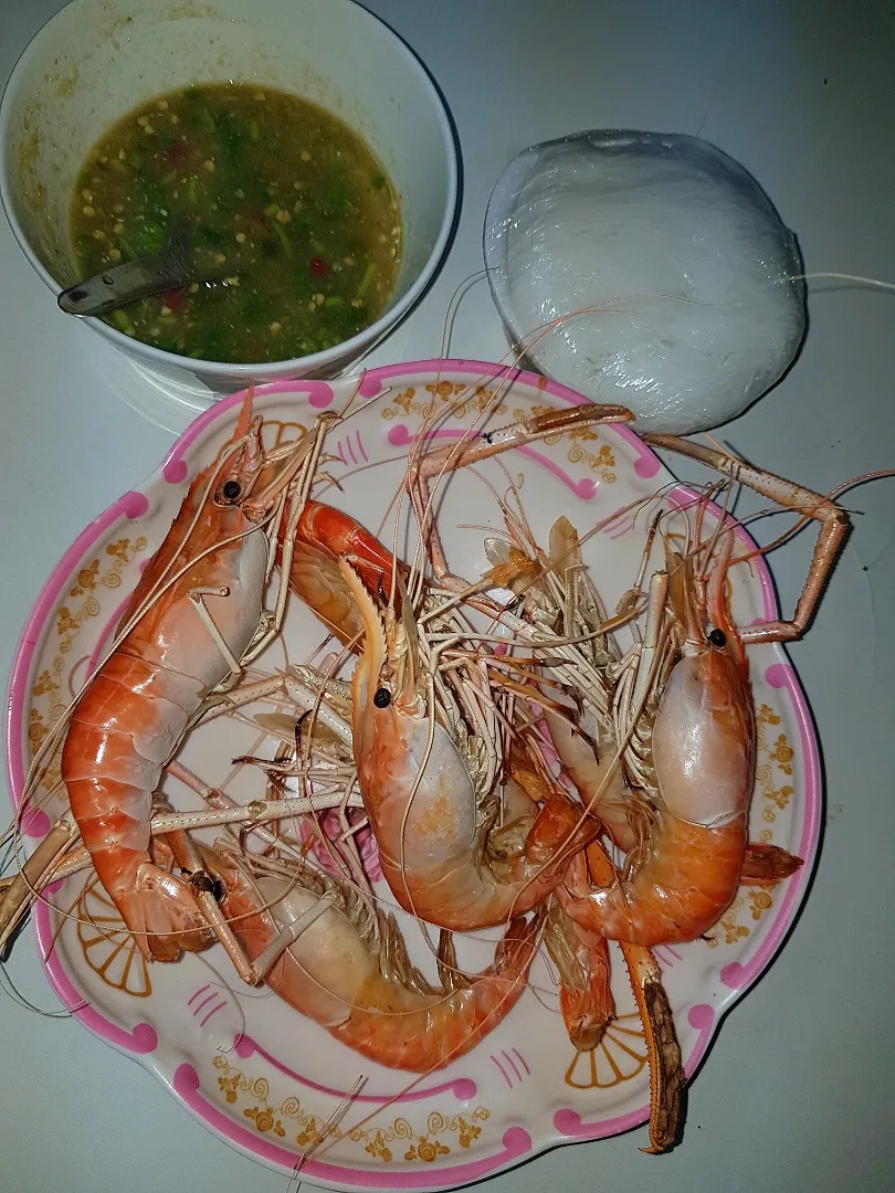 grilled prawns with spicy chili sauce & rice vermicelli|patcookingfeverパットさん