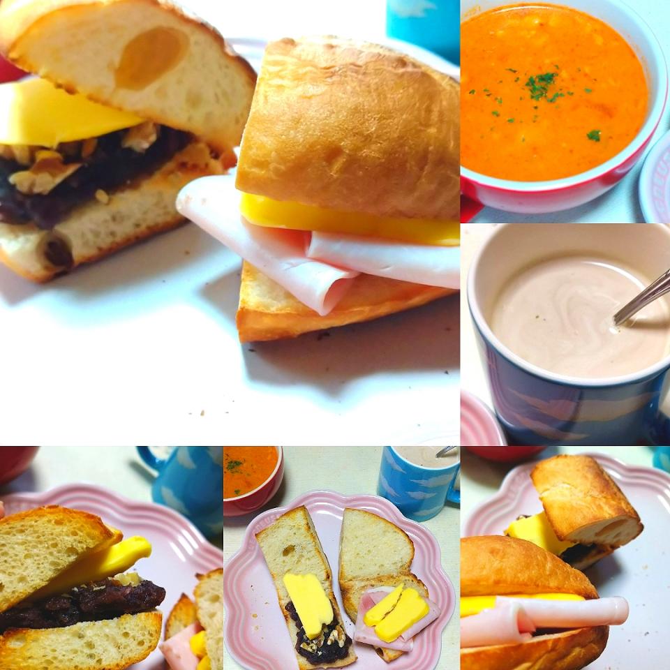 ハム＆バターサンドイッチ、あんこ＆くるみバターサンドイッチ、カフェオレ